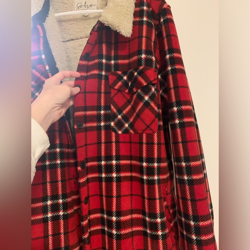 Soho Threads Red Sherpa Lined Flannel Shacket Xxl - image 5